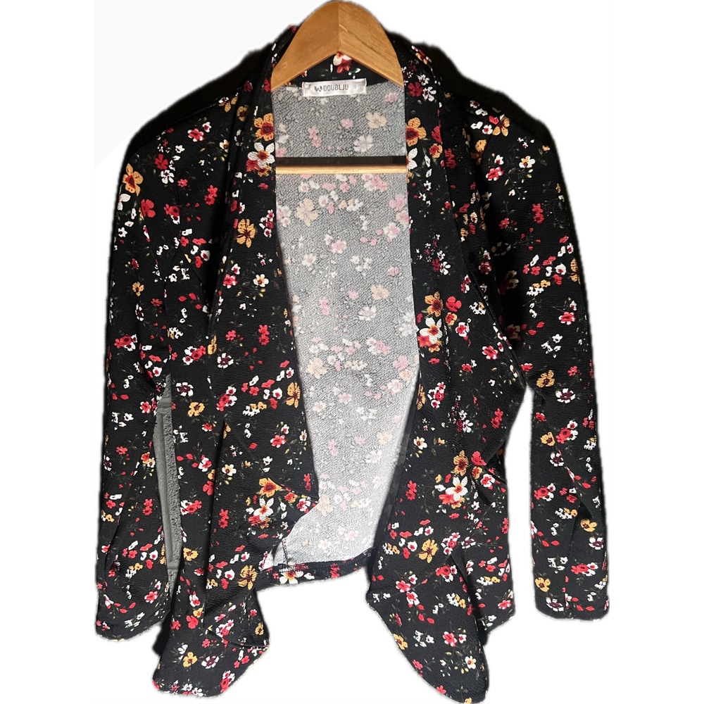 Doublju Womens Floral Open Front Blazer Cardigan Black Small Draped Shawl Collar